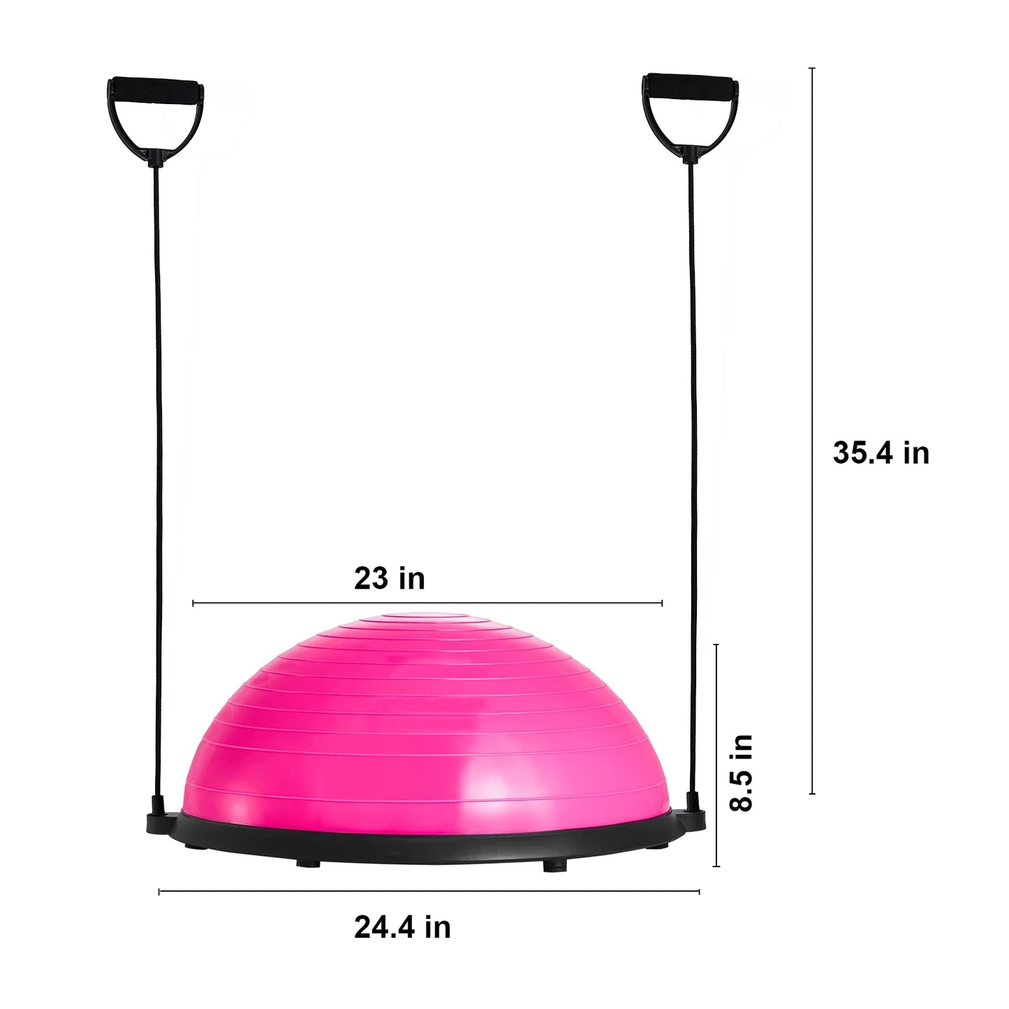 Pink Fitness Essentials 23-inch half balance ball trainer with resistance bands and foot pump for full body home gym workouts.