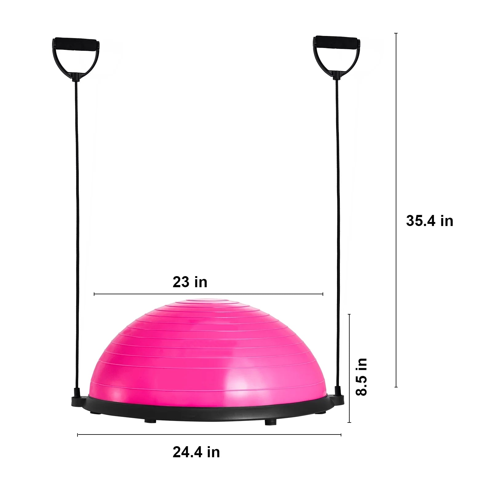 Pink Fitness Essentials 23-inch half balance ball trainer with resistance bands and foot pump for full body home gym workouts.
