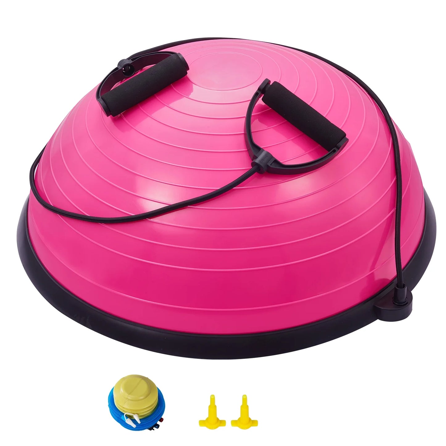 Pink 23-inch Fitness Essentials Half Balance Ball Trainer with resistance bands, foot pump, and 660lbs weight limit for full body fitness.