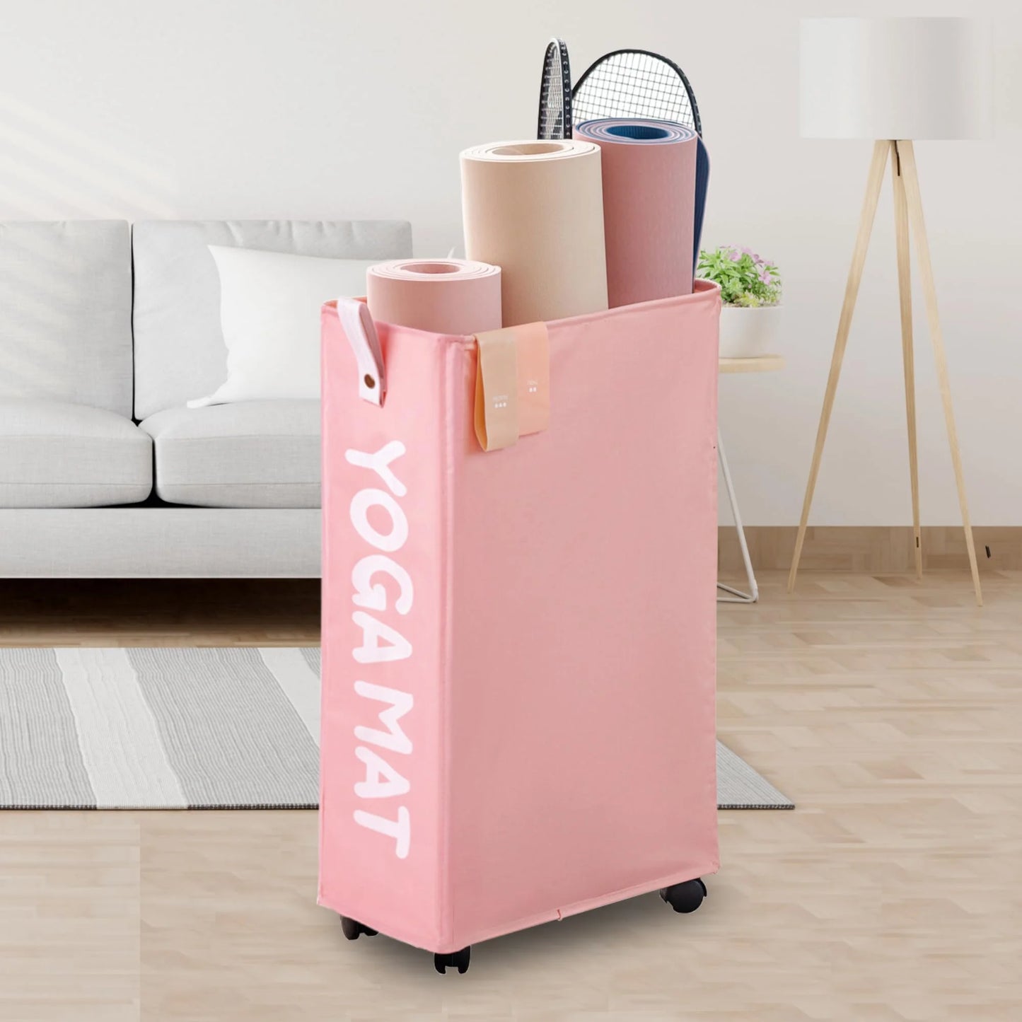 White Fitness Essentials yoga mat storage rack with wheels, large 22-inch holder for home gym yoga mats and workout equipment organization.