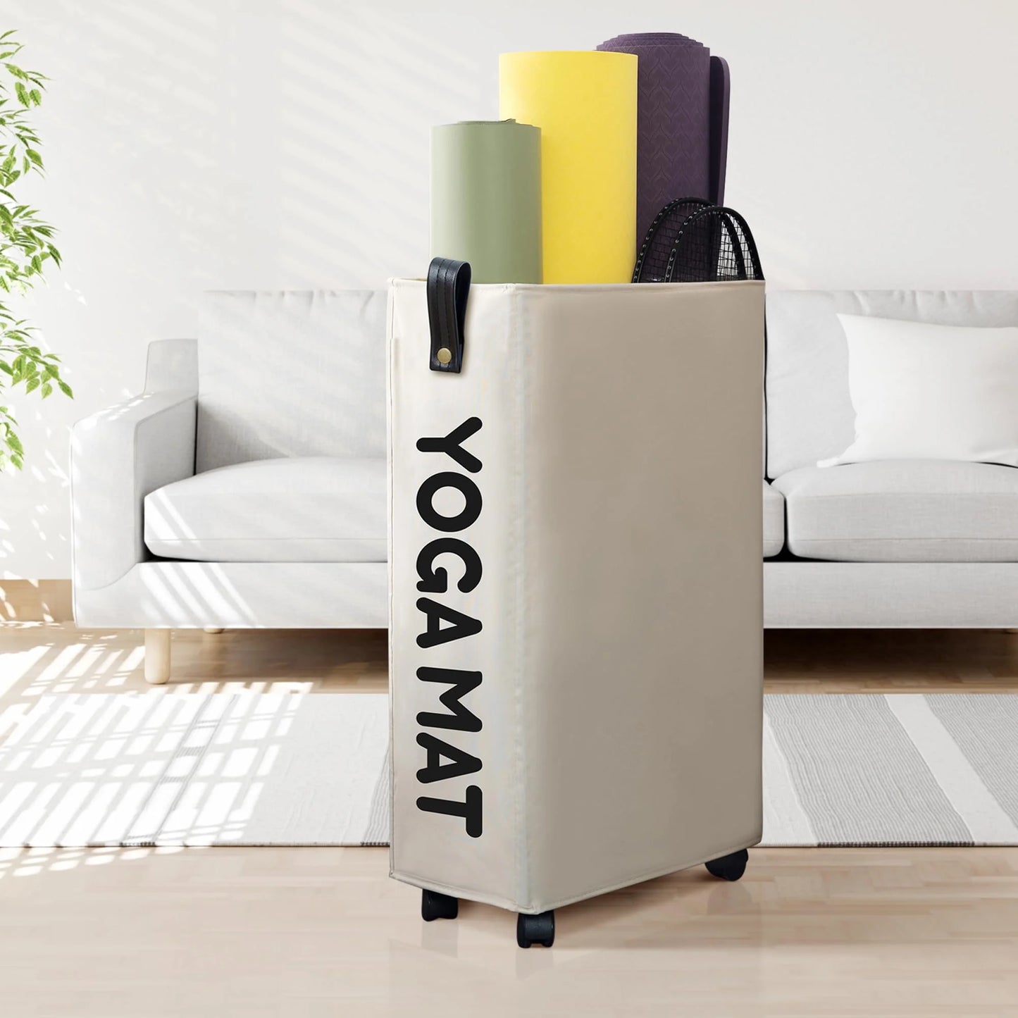 White Fitness Essentials yoga mat storage rack with wheels, holds large yoga mats and workout gear, ideal for home gym organization.
