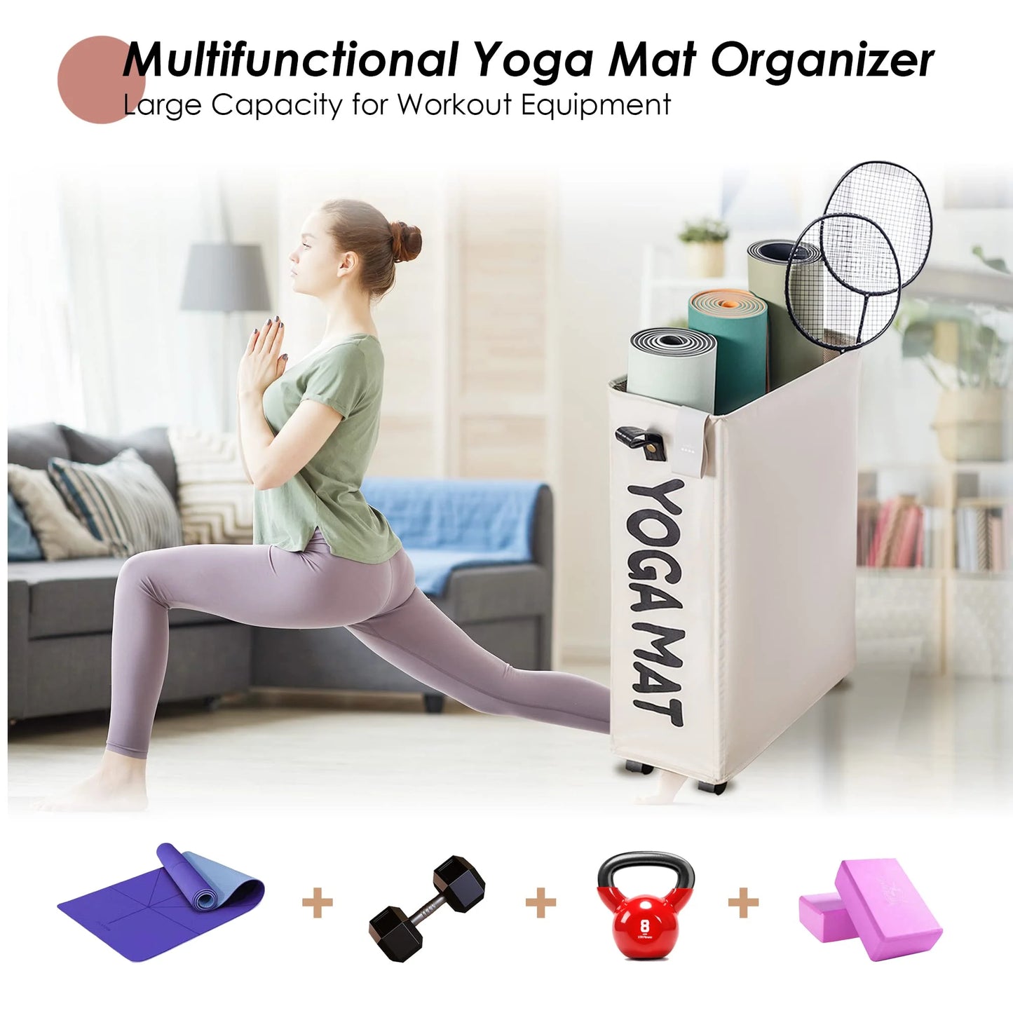 White Fitness Essentials yoga mat storage rack with wheels, large 22-inch holder for yoga mats and workout equipment organization