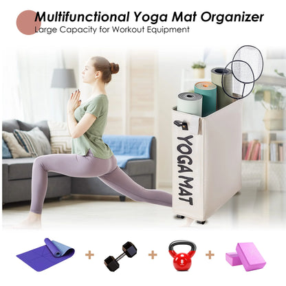 White Fitness Essentials yoga mat storage rack with wheels, large 22-inch holder for yoga mats and workout equipment organization