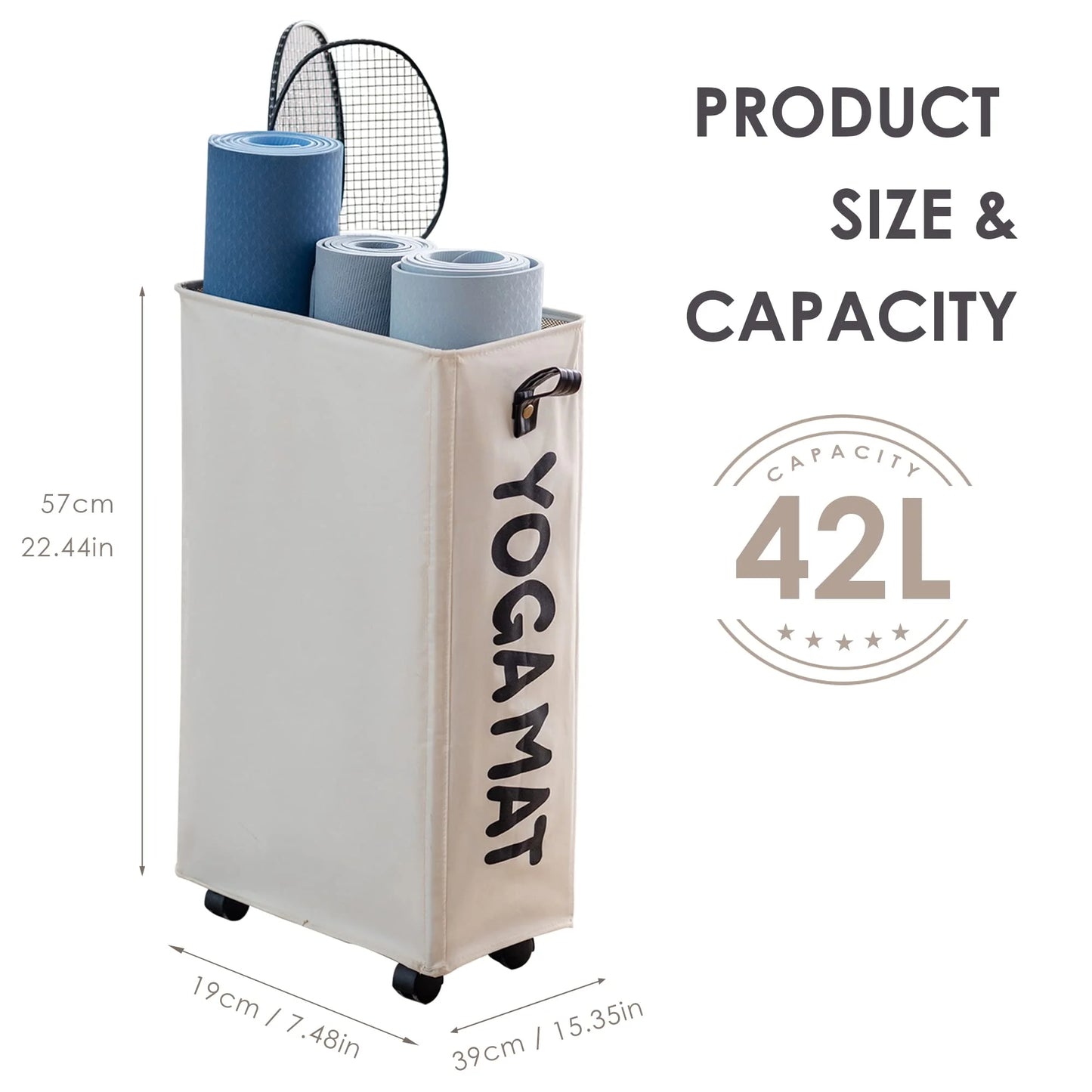 Fitness Essentials 22-inch white yoga mat storage rack with wheels, holds large yoga mats and workout accessories for home gym organization.