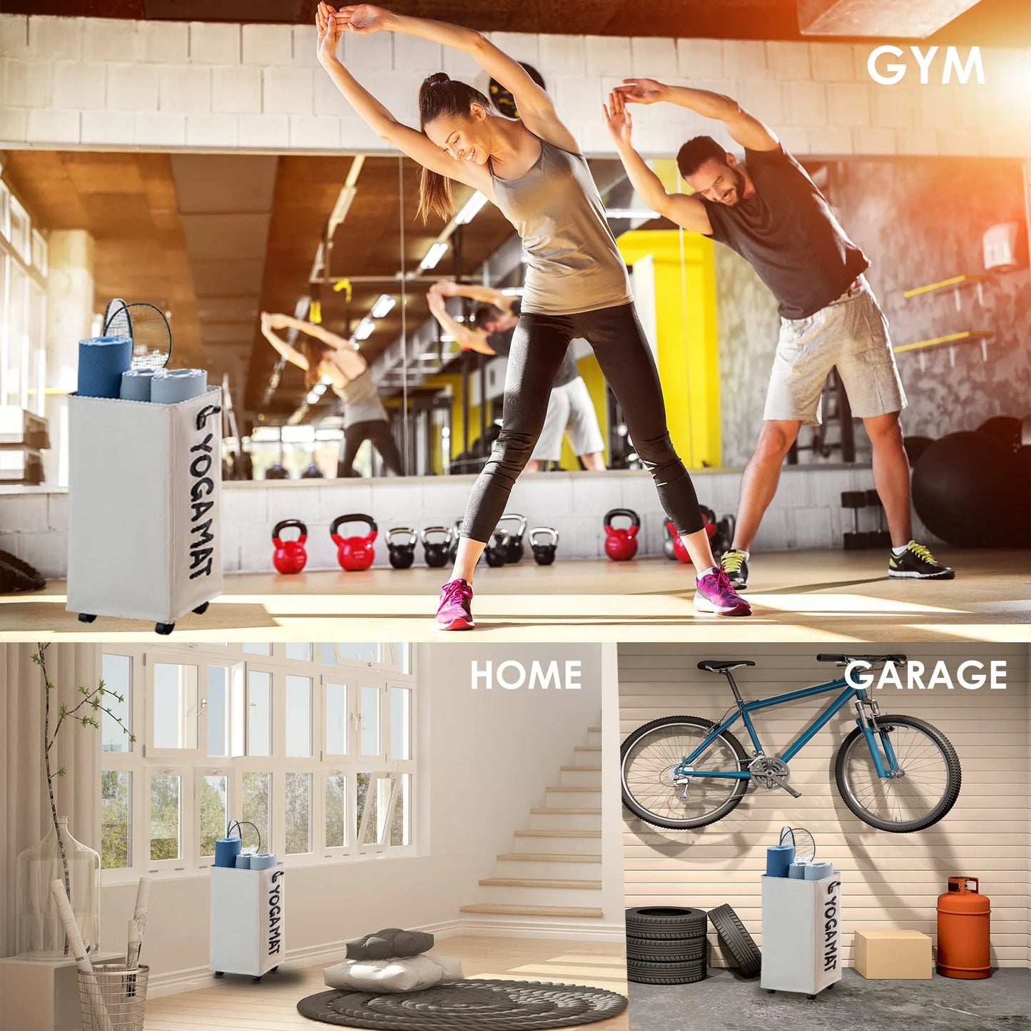 White Fitness Essentials 22-inch yoga mat storage rack with wheels, designed for organizing yoga mats and workout equipment at home.