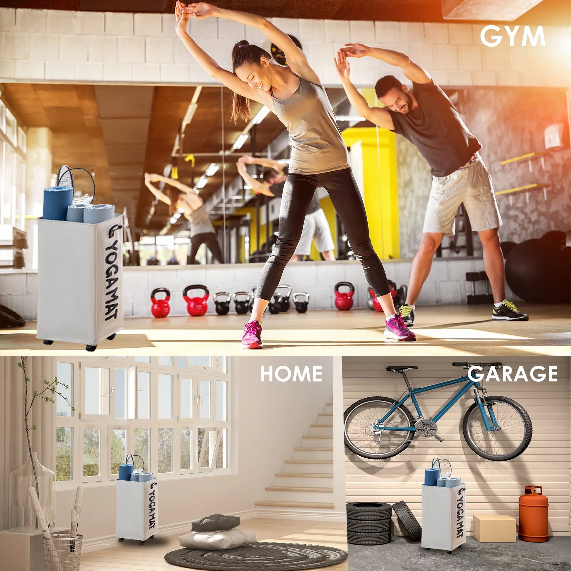 White Fitness Essentials 22-inch yoga mat storage rack with wheels, designed for organizing yoga mats and workout equipment at home.