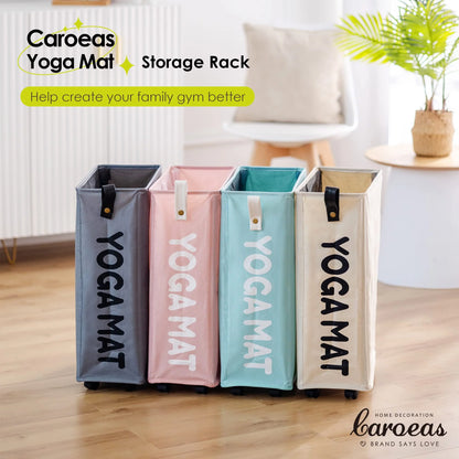 White Fitness Essentials 22-inch yoga mat storage rack with wheels, designed for organizing yoga mats and workout equipment.