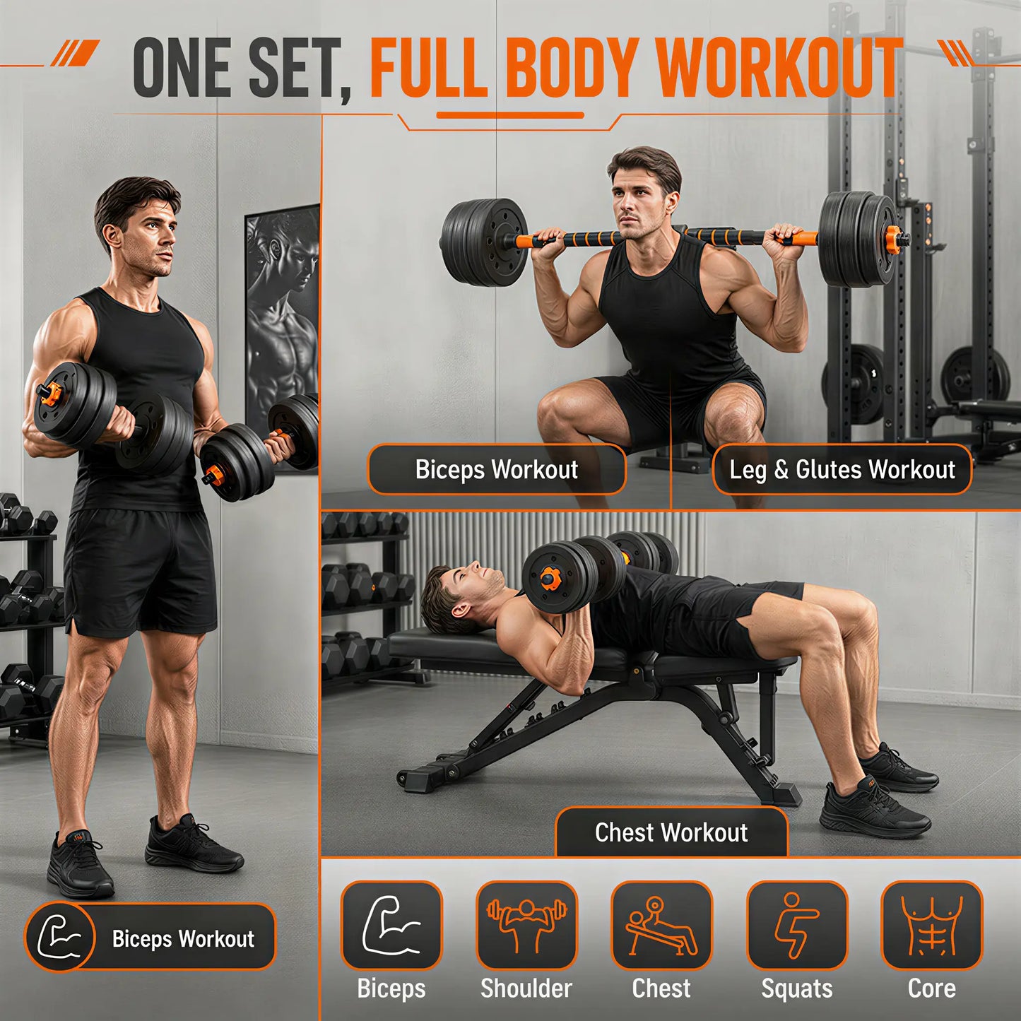 Fitness Essentials adjustable dumbbell set with 22 lbs per weight, versatile for home gym workouts for men and women.