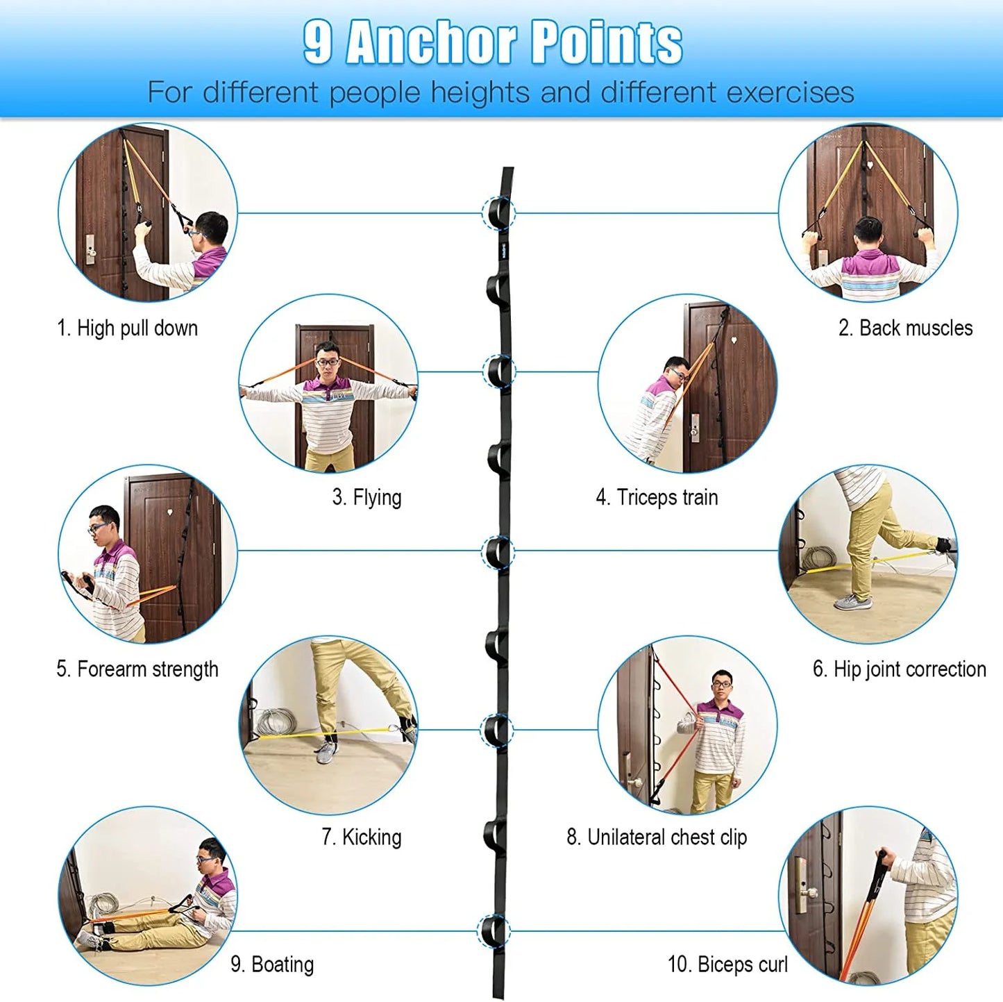 Nylon door anchor strap for resistance exercise with resistance bands, portable home gym equipment by Fitness Essentials.