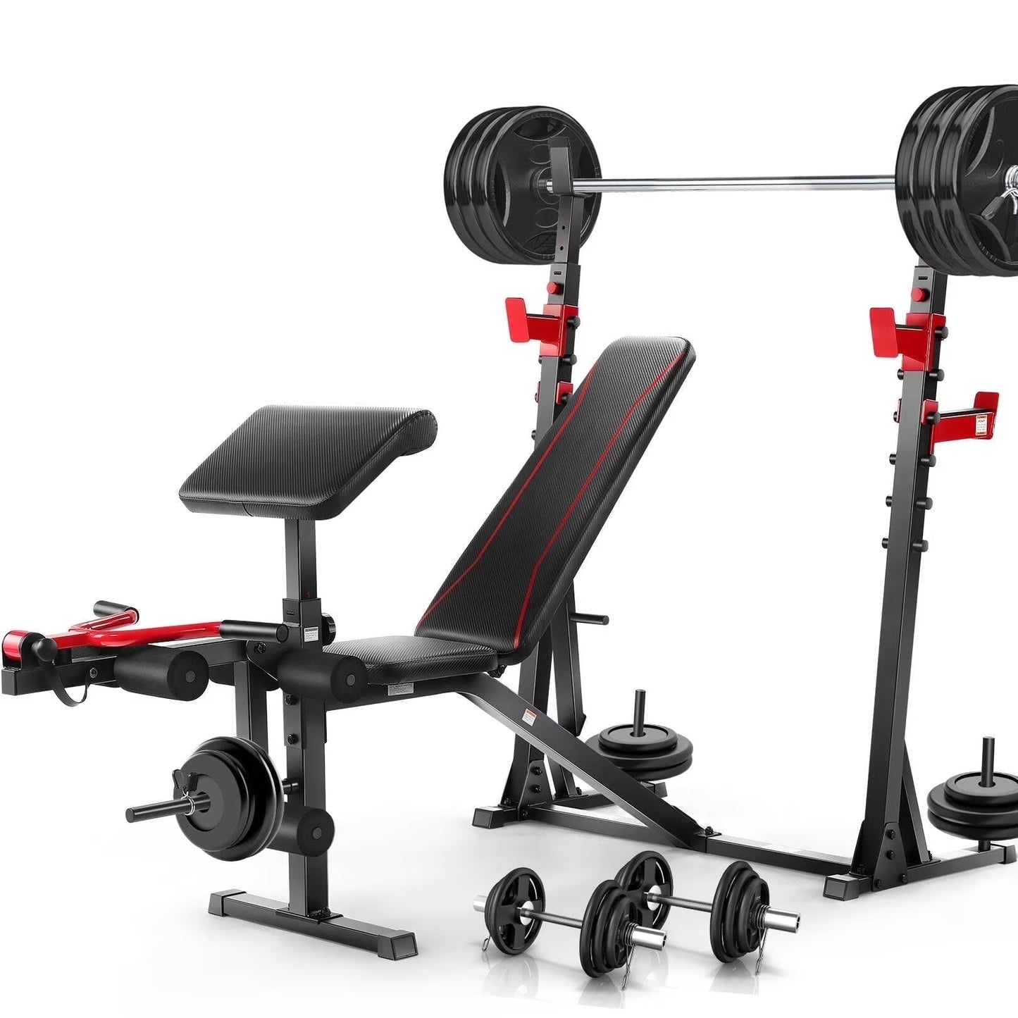 Adjustable Fitness Essentials weight bench with squat rack, preacher curl, and leg extension for full-body home gym workouts.