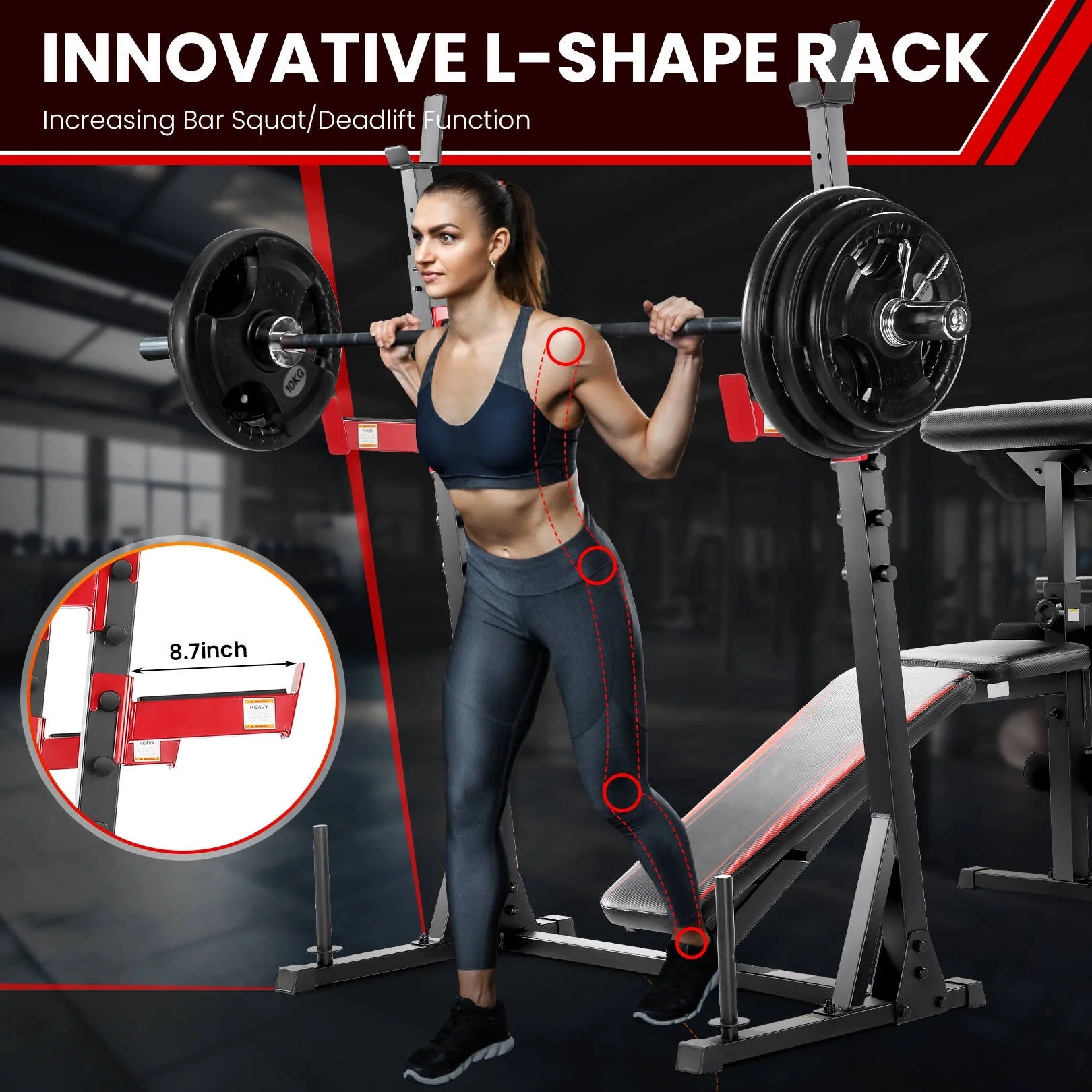 Fitness Essentials adjustable weight bench with squat rack, preacher curl, leg extension for full-body home gym workouts.