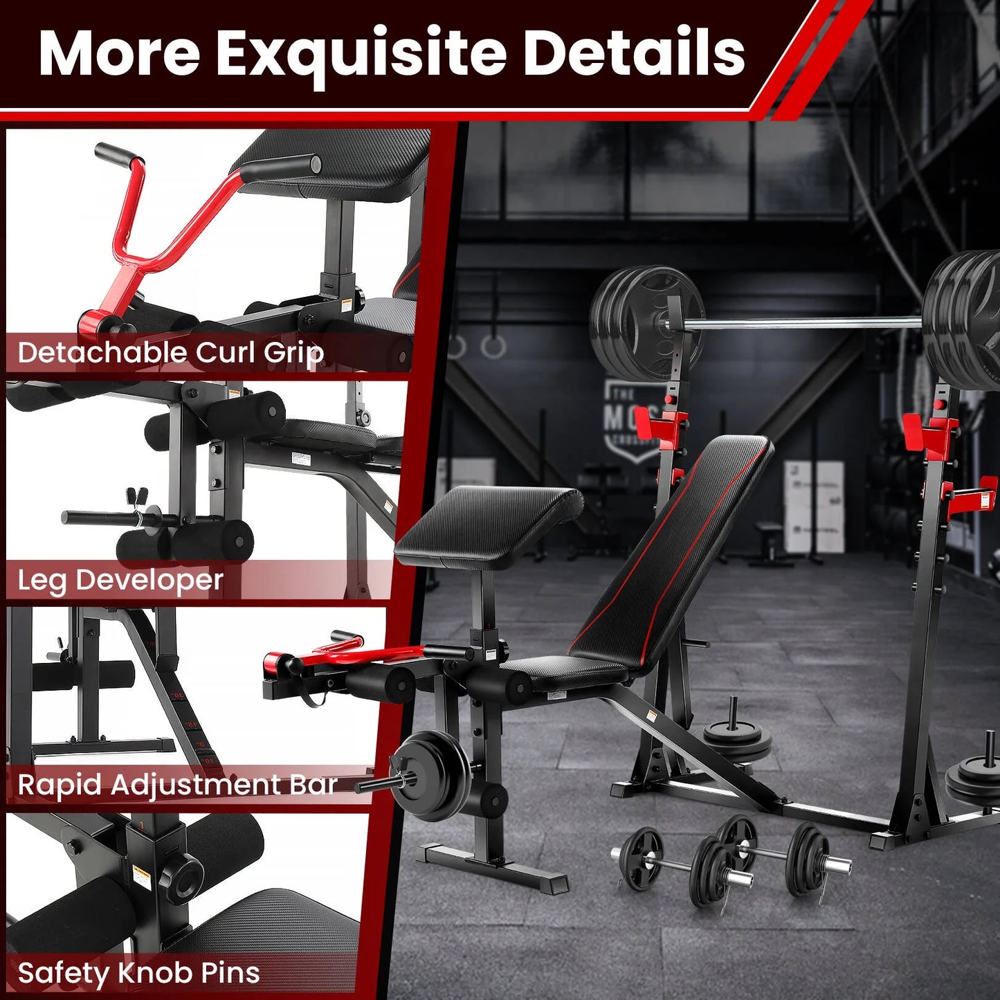 Fitness Essentials adjustable weight bench with squat rack, preacher curl pad, and leg extension for full-body home gym workouts.