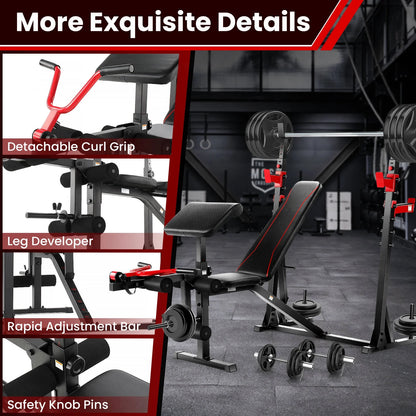 Fitness Essentials adjustable weight bench with squat rack, preacher curl pad, and leg extension for full-body home gym workouts.
