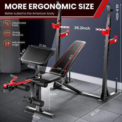 Fitness Essentials adjustable weight bench with squat rack, preacher curl, and leg extension for full-body home gym workouts.