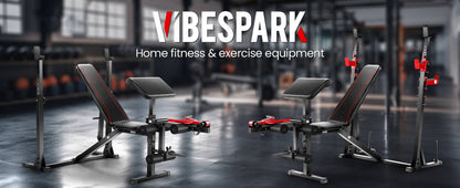 Fitness Essentials adjustable weight bench with squat rack, preacher curl, leg extension for full-body home gym workouts.