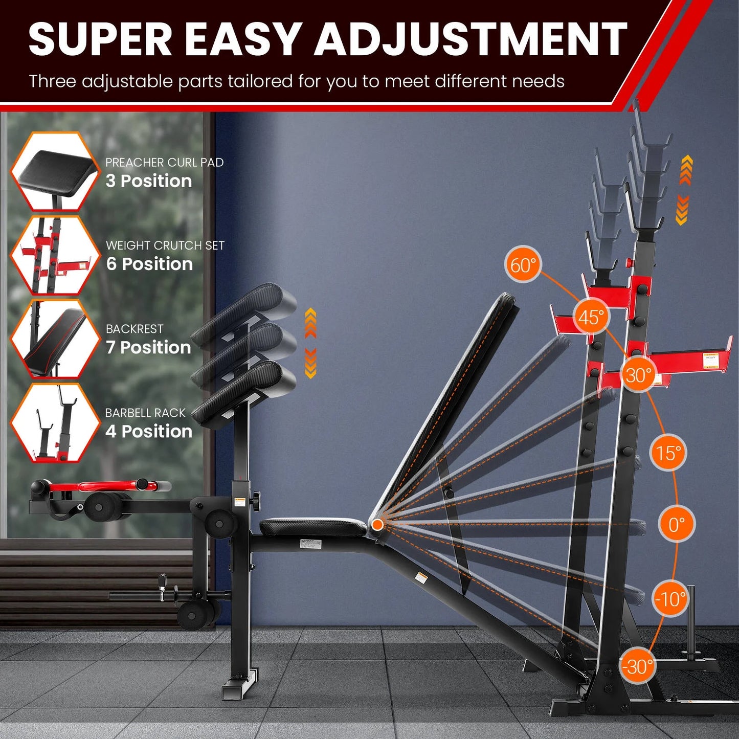 Fitness Essentials adjustable weight bench with squat rack, preacher curl, leg extension for full-body home gym workouts.