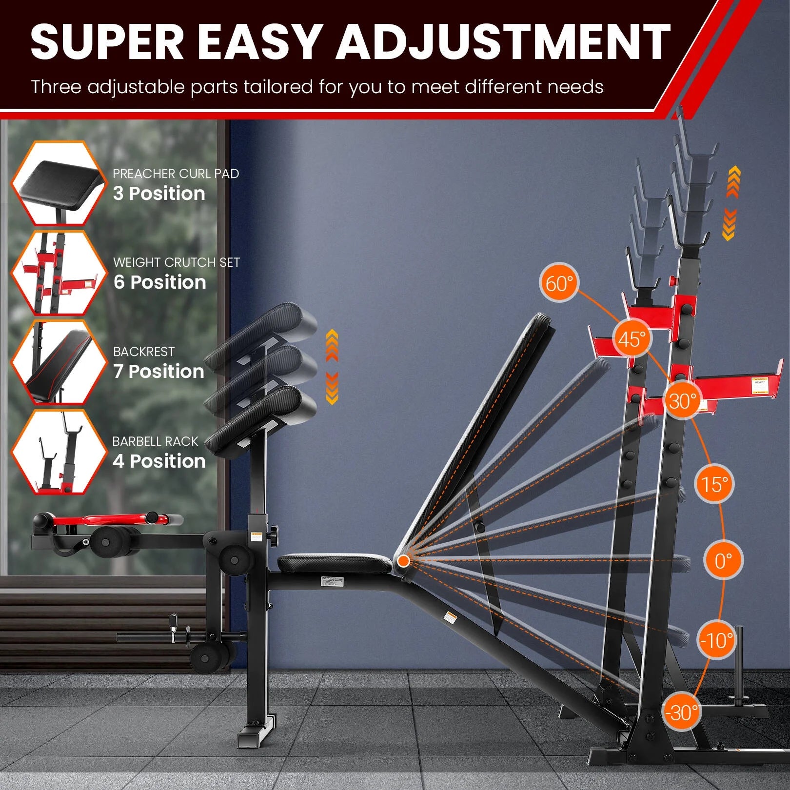 Fitness Essentials adjustable weight bench with squat rack, preacher curl, leg extension for full-body home gym workouts.