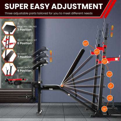 Fitness Essentials adjustable weight bench with squat rack, preacher curl, leg extension for full-body home gym workouts.