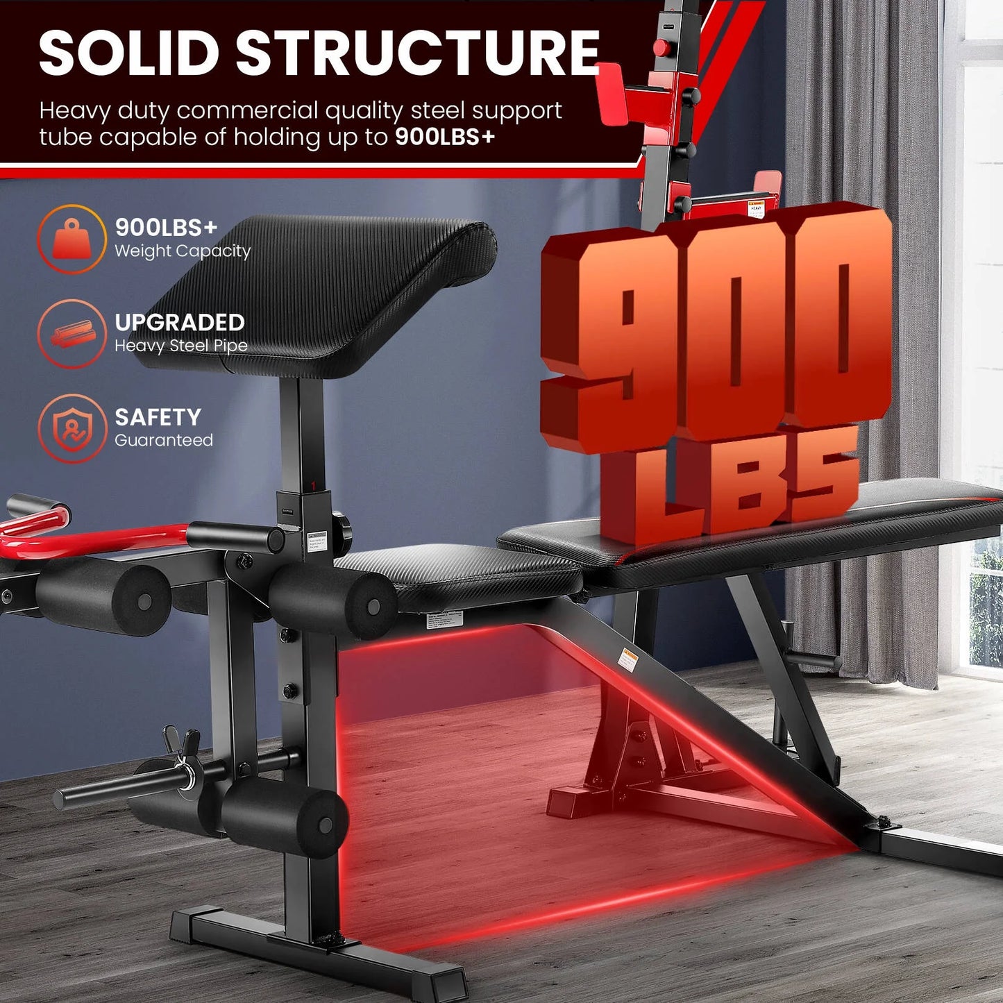 Fitness Essentials adjustable weight bench with squat rack, preacher curl pad, and leg extension for full-body home gym workouts.