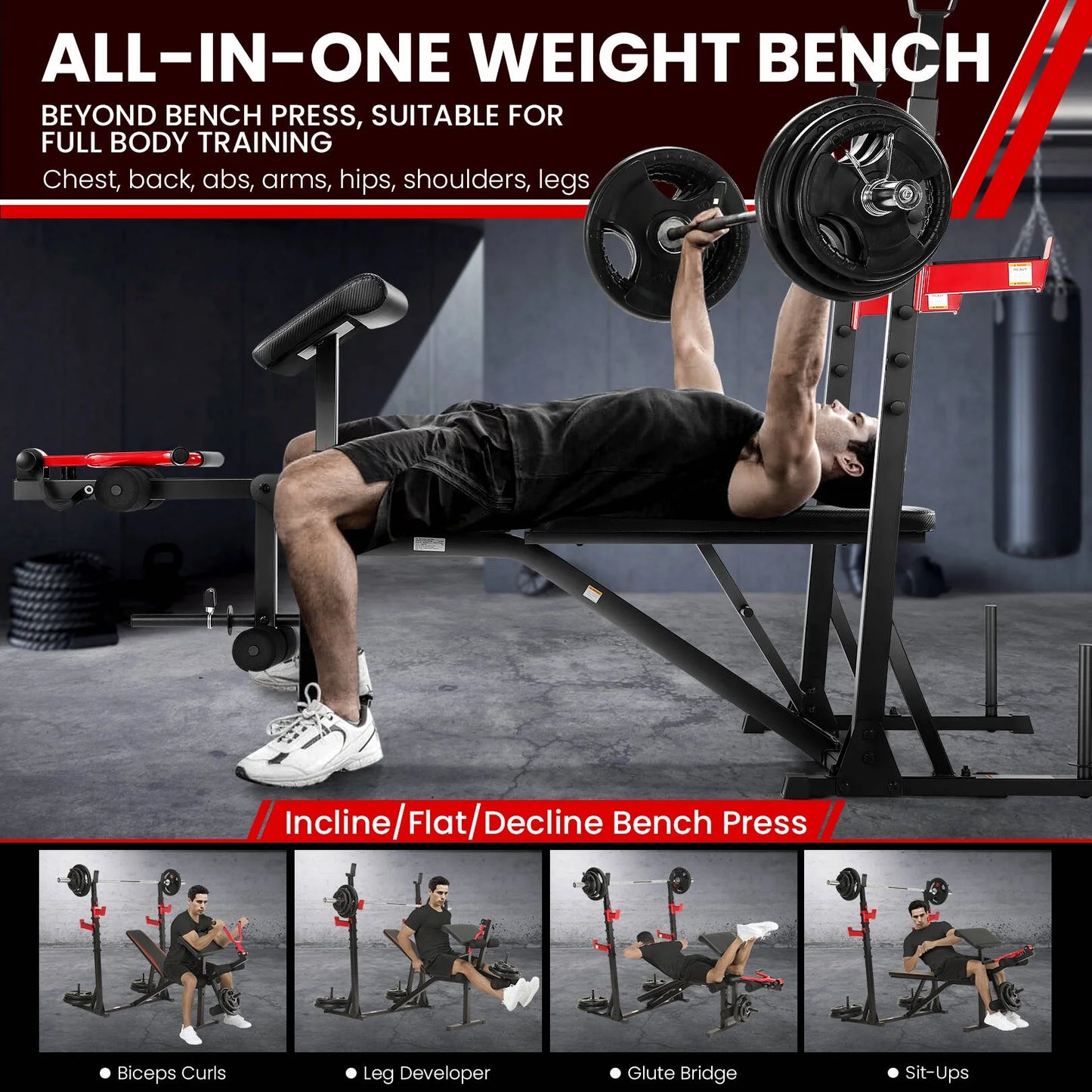 Fitness Essentials adjustable weight bench with squat rack, preacher curl, and leg extension for full-body home gym workouts.