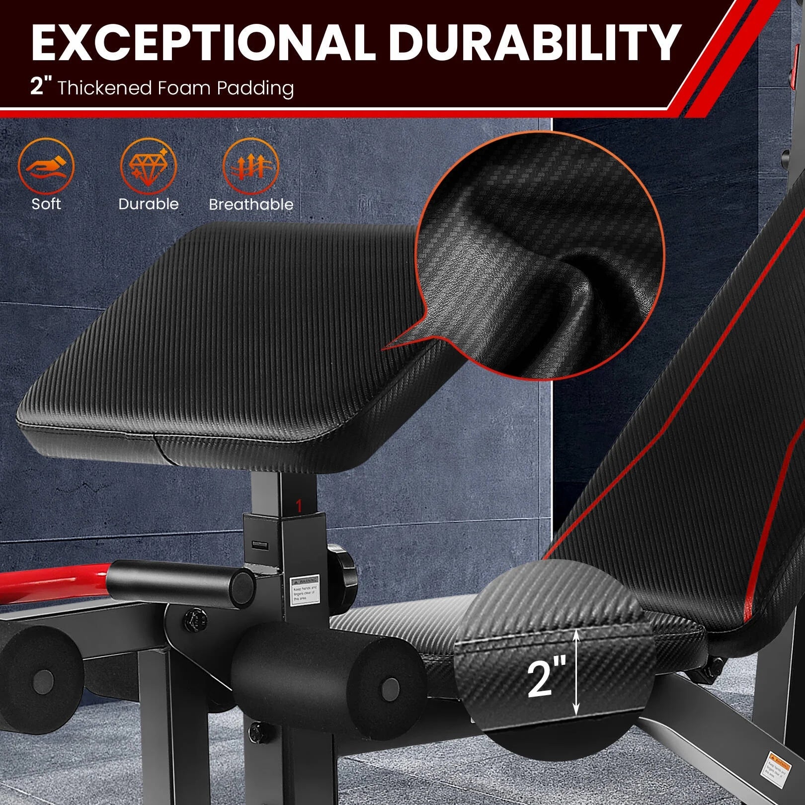 Fitness Essentials adjustable weight bench with squat rack, preacher curl, leg extension for full-body home gym workouts.