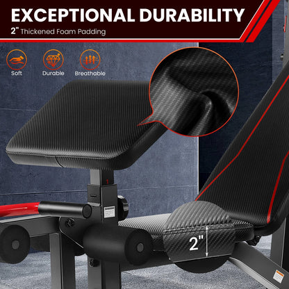Fitness Essentials adjustable weight bench with squat rack, preacher curl, leg extension for full-body home gym workouts.