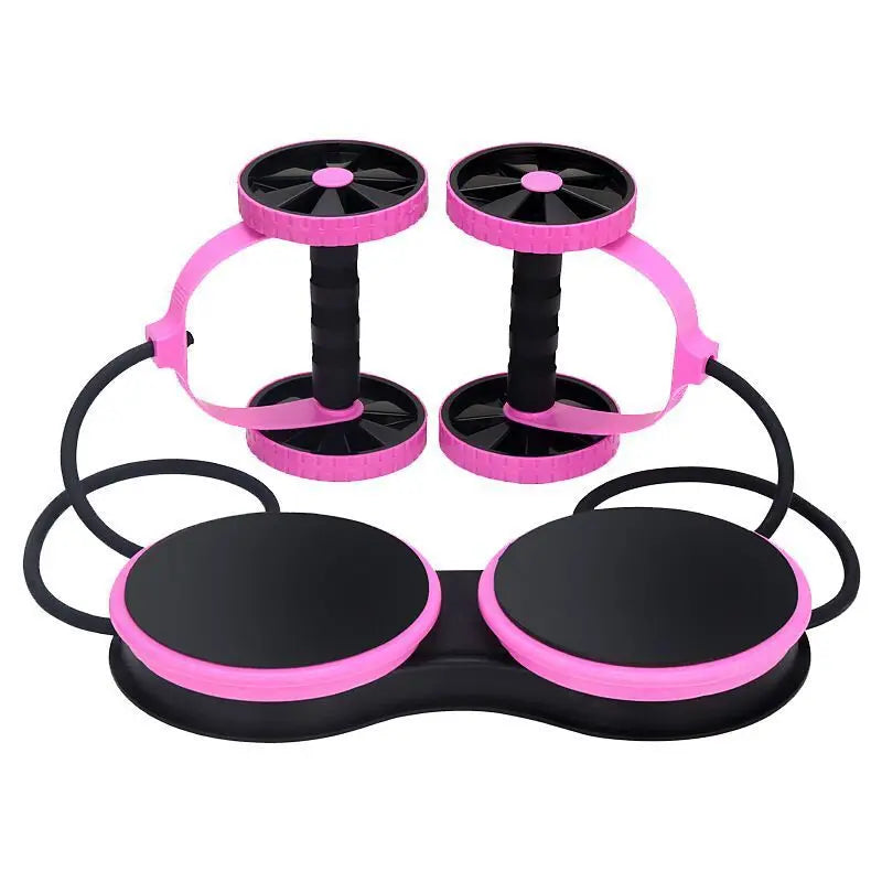 Pink 5-in-1 Ab Roller by Fitness Essentials showing resistance bands, twisting function, and compact design for home gym workouts.