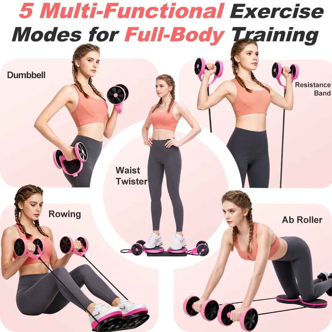 Pink 5-in-1 Ab Roller Exercise Equipment by Fitness Essentials showing resistance bands, waist twist function, and compact home gym design.