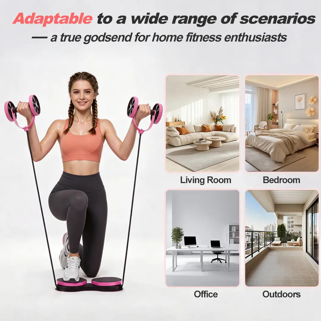 Pink 5-in-1 Ab Roller by Fitness Essentials with resistance bands, compact home gym tool for core workouts and waist twisting exercises.