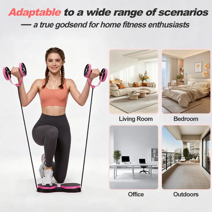 Pink 5-in-1 Ab Roller by Fitness Essentials with resistance bands, compact home gym tool for core workouts and waist twisting exercises.