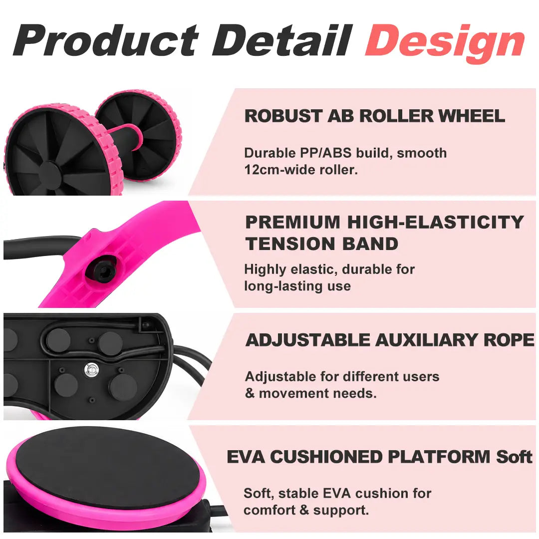 Pink 5-in-1 Ab Roller by Fitness Essentials showing multi-use home gym equipment with resistance bands and twist function.
