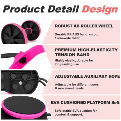 Pink 5-in-1 Ab Roller by Fitness Essentials showing multi-use home gym equipment with resistance bands and twist function.
