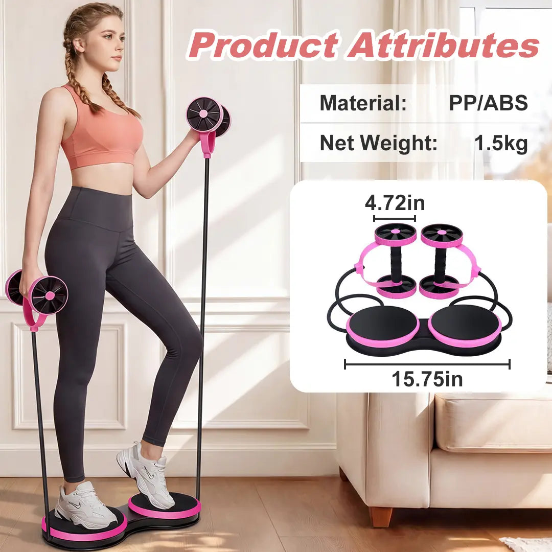 Pink 5-in-1 Ab Roller Exercise Equipment by Fitness Essentials with resistance bands, twist function, and compact design for home gym use.