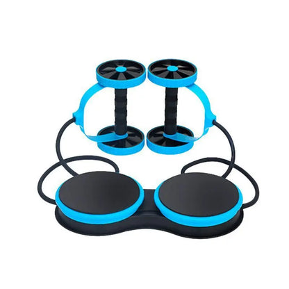 Pink 5-in-1 Ab Roller by Fitness Essentials with resistance bands, twist function, and compact design for home gym workouts.