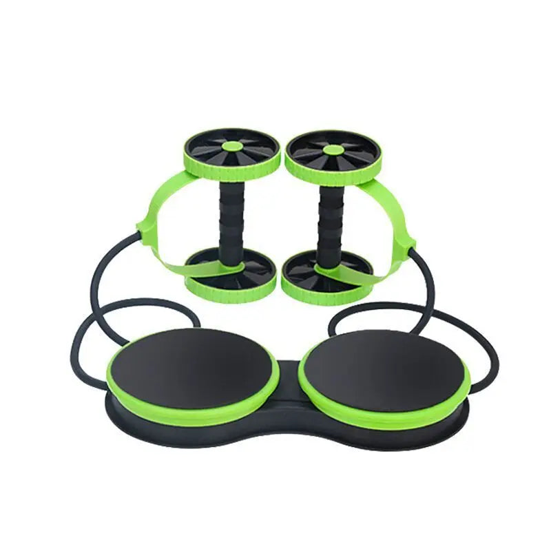 Pink 5-in-1 Ab Roller by Fitness Essentials with resistance bands, twist function, and compact design for home gym workouts.