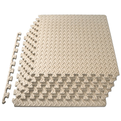 Beige Puzzle Exercise Mat by Fitness Essentials with 1/2-inch thick EVA foam interlocking tiles for home workouts.