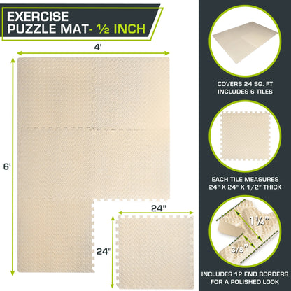 Beige Puzzle Exercise Mat by Fitness Essentials, 1/2-inch thick EVA foam interlocking tiles for fitness and yoga flooring.