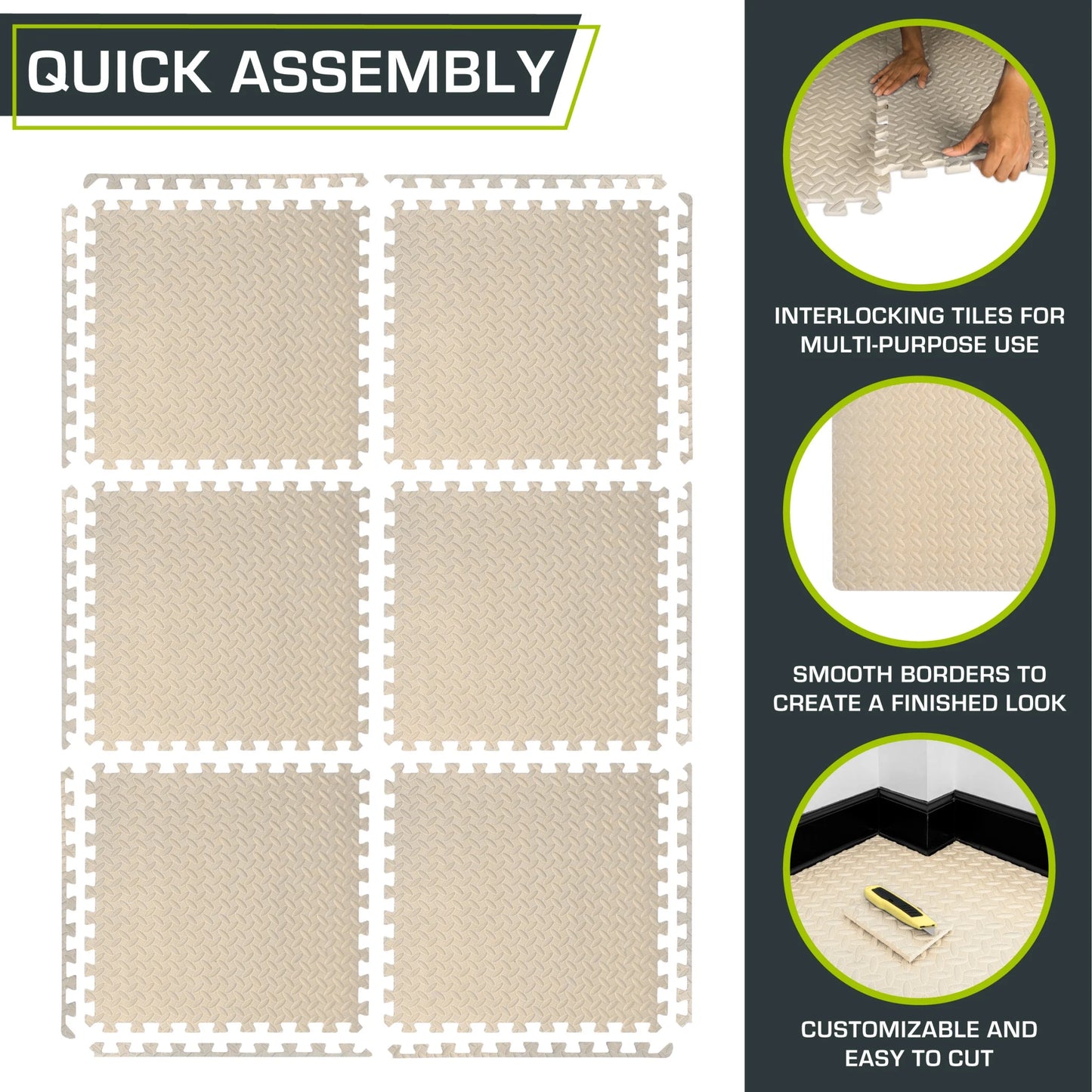 Beige Puzzle Exercise Mat by Fitness Essentials with 1/2-inch thick EVA foam interlocking tiles for floor cushioning.