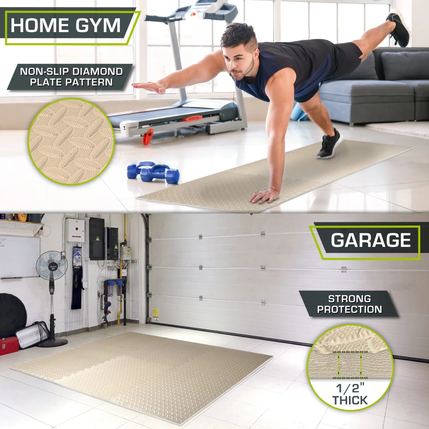 Beige Puzzle Exercise Mat by Fitness Essentials with 1/2-inch thick EVA foam interlocking tiles for flooring.
