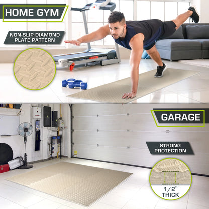 Beige Puzzle Exercise Mat by Fitness Essentials with 1/2-inch thick EVA foam interlocking tiles for flooring.