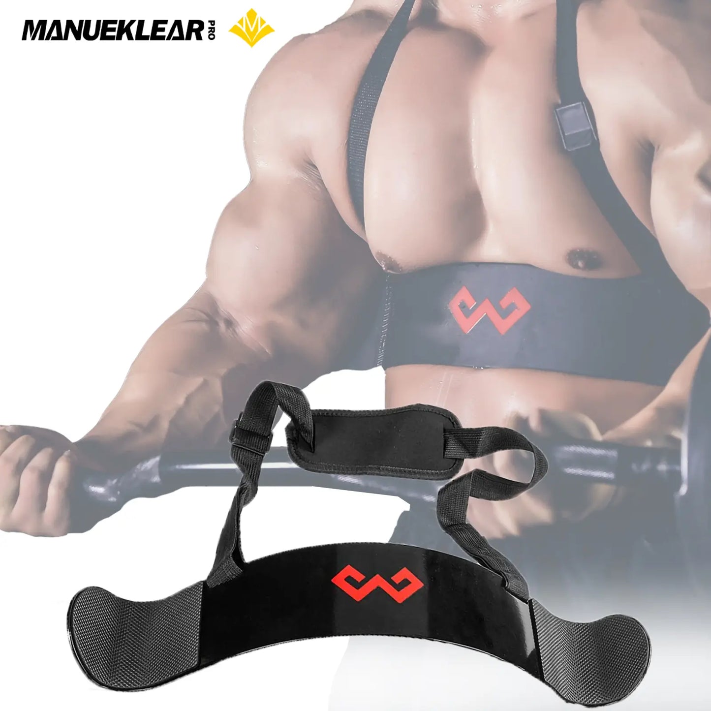 Black Fitness Essentials arm blaster for bicep curls, adjustable thick barbell curl isolator for bodybuilding and arm muscle training.