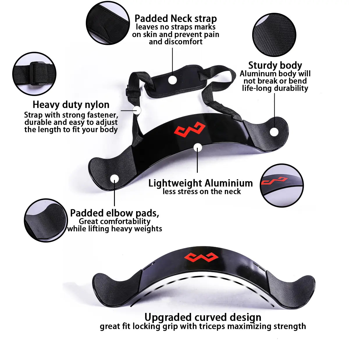 Fitness Essentials black arm blaster for bicep curls, adjustable thick isolator barbell curl assistant for bodybuilding workouts.