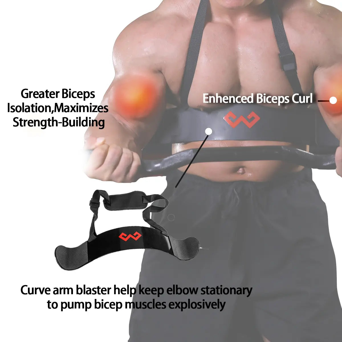 Black Fitness Essentials Arm Blaster for bicep curls, adjustable thick barbell curl isolator for bodybuilding and arm training.