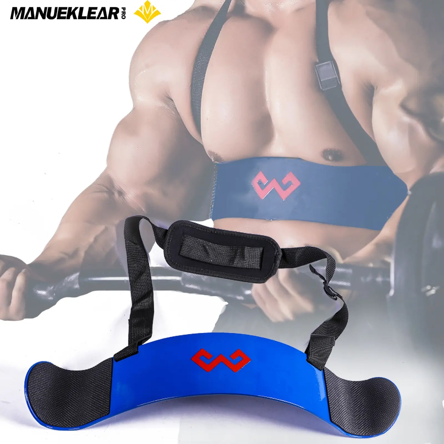 Black Fitness Essentials arm blaster for bicep curls, adjustable thick bar for bodybuilding and arm isolations.