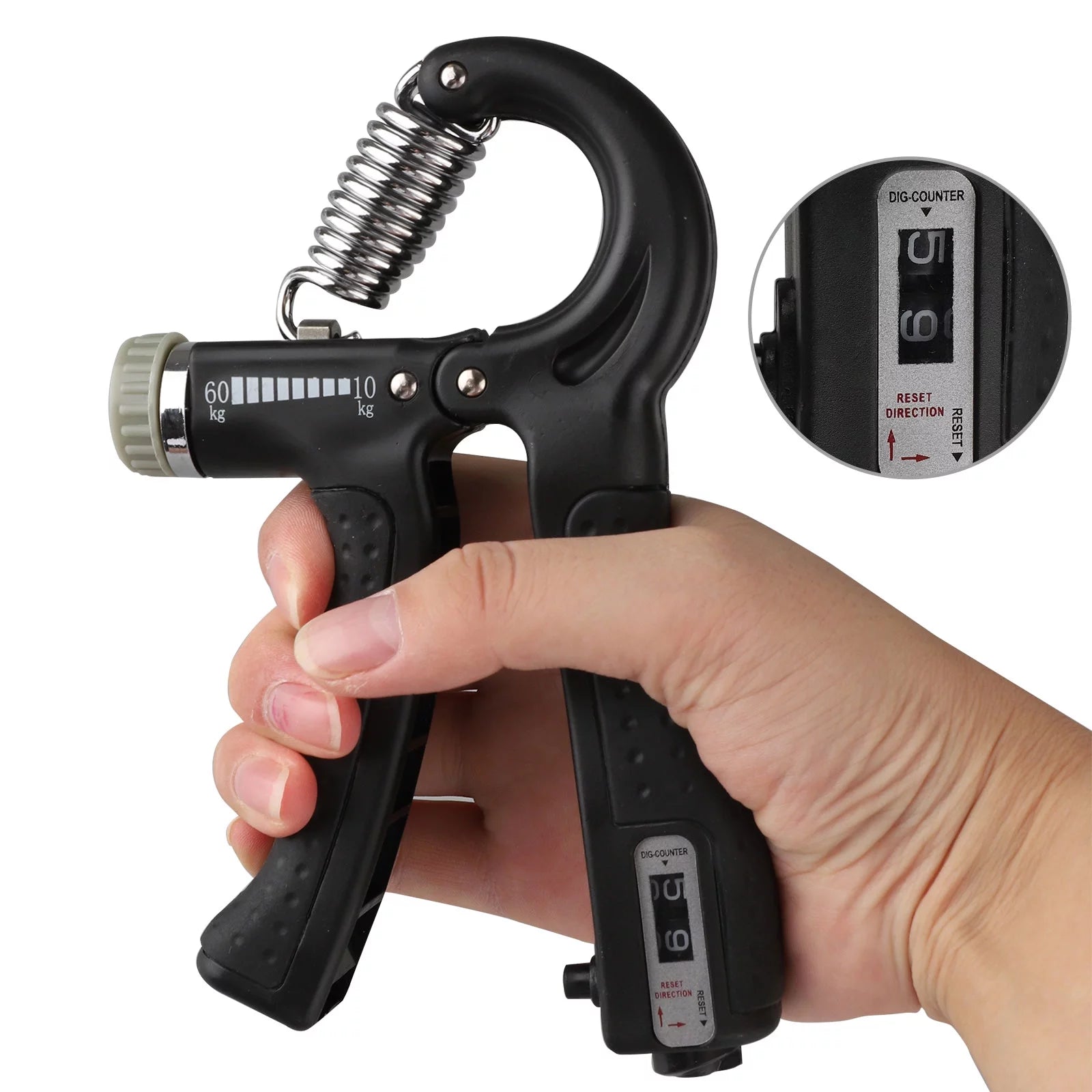 Black Fitness Essentials hand grip strengthener with adjustable resistance for forearm and finger training.