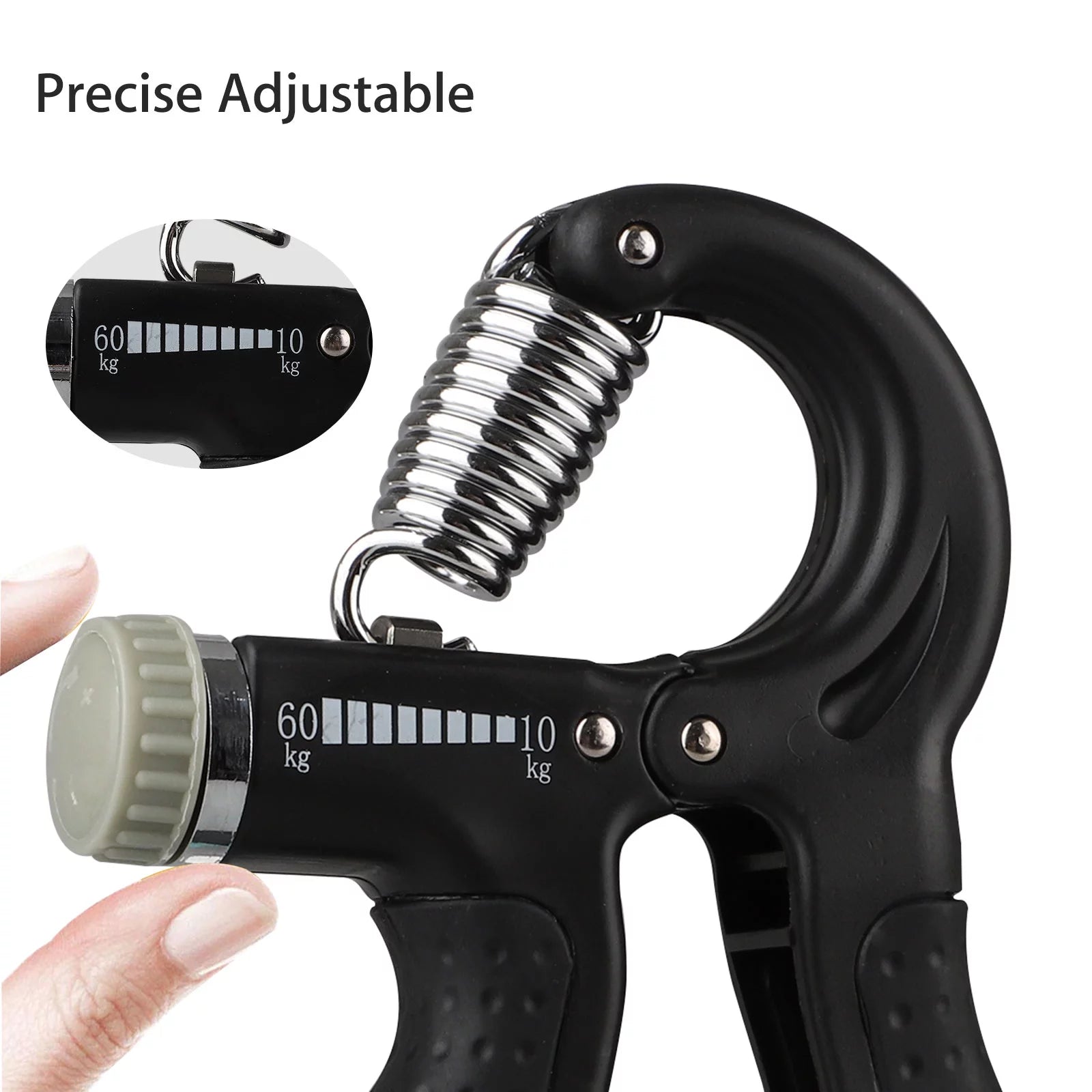 Black hand grip strengthener with adjustable resistance for forearm and finger training, designed by Fitness Essentials.