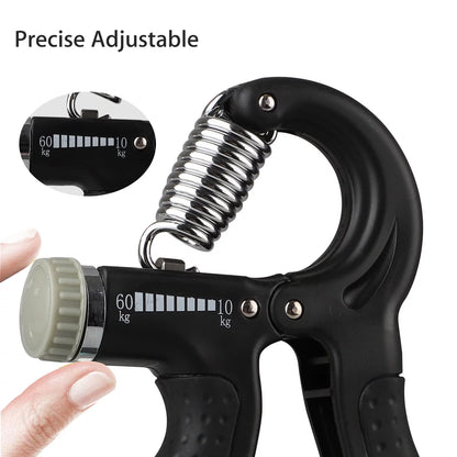 Black hand grip strengthener with adjustable resistance for forearm and finger training, designed by Fitness Essentials.