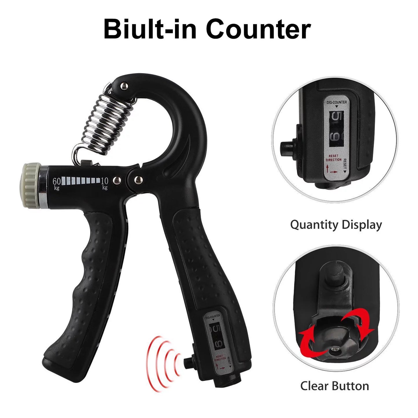 Black hand grip strengthener with adjustable resistance for forearm and finger training, featuring ergonomic design and durable construction.