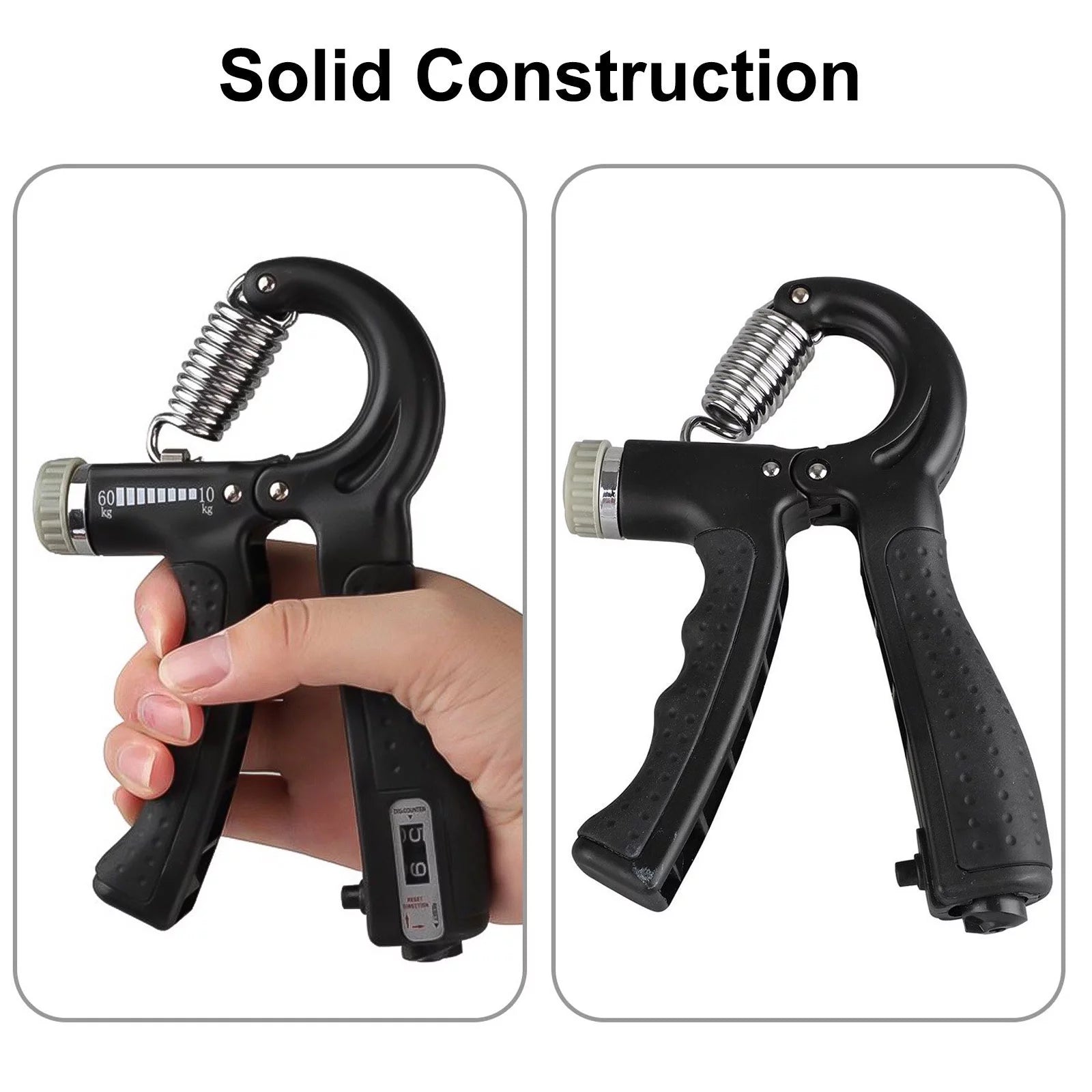 Black Fitness Essentials hand grip strengthener with adjustable resistance for forearm and finger training, shown in use.