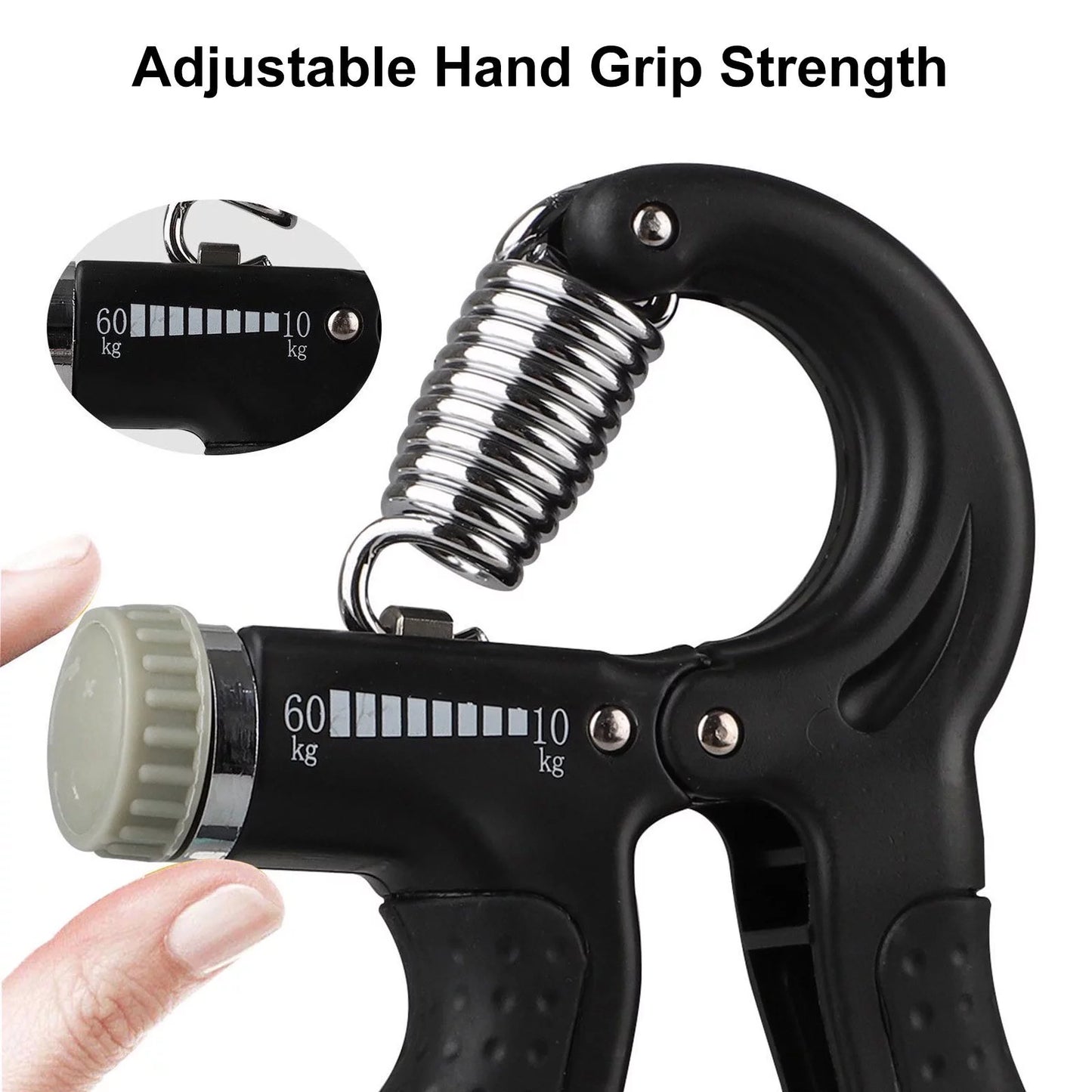 Black Fitness Essentials hand grip strengthener with adjustable resistance for forearm and finger training.